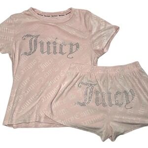 Juicy Couture Logo  2pc Velour ‎ Y2K Pink Rhinestone Shorts Top top Size S Pink
